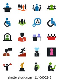 Color and black flat icon set - dispatcher vector, female, disabled, reception, speaking man, pedestal, team, doctor, pregnancy, manager desk, meeting, career ladder, company, cook, consumer search