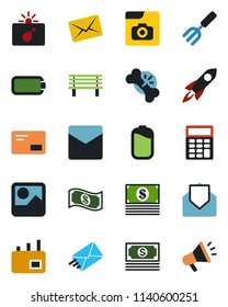 Color and black flat icon set - bomb in case vector, garden fork, bench, broken bone, cash, mail, gallery, photo, battery, calculator, rocket, advertising