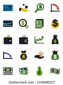 Color and black flat icon set - credit card vector, dollar sign, money bag, crisis graph, cash, receipt, wallet, growth, search, investment