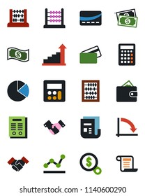 Color and black flat icon set - handshake vector, growth statistic, abacus, crisis graph, cash, news, calculator, pie, point, contract, credit card, wallet, money search
