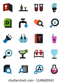 Color and black flat icon set - document search vector, blood test vial, heart diagnostic, ampoule, fragile, cargo, torch, water supply, client, alcohol, wine card, cocktail, phyto bar, consumer