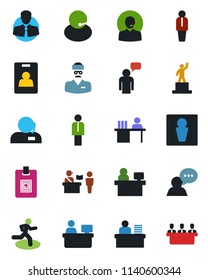 Color and black flat icon set - passport control vector, male, manager, speaking man, pedestal, place, run, doctor, support, client, speaker, identity card, desk, meeting