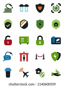 Color and black flat icon set - plane radar vector, fence, security gate, safe, hose, heart shield, protect, eye id, lock, estate insurance, intercome, water filter, palm sproute