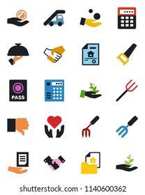 Color and black flat icon set - passport vector, ladder car, handshake, document, garden fork, farm, saw, heart hand, finger down, estate, waiter, combination lock, palm sproute, investment