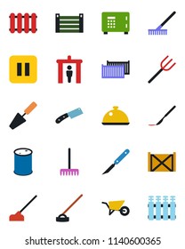 Color and black flat icon set - security gate vector, safe, trowel, farm fork, rake, wheelbarrow, hoe, scalpel, cargo container, oil barrel, pause button, dish, knife, radiator