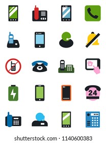 Color and black flat icon set - no mobile vector, phone, office, 24 hours, support, cell, radio, back, call, mute, charge, home control app, combination lock