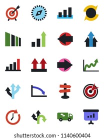 Color and black flat icon set - right arrow vector, left, growth statistic, route, signpost, up side sign, sorting, compass, update, bar graph, moving, target, clock, crisis, presentation