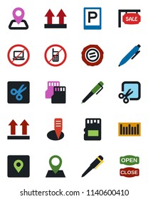 Color and black flat icon set - parking vector, no mobile, laptop, pen, stamp, plant label, navigation, pin, up side sign, barcode, sd, cut, place tag, sale, open close