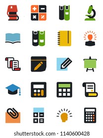 Color and black flat icon set - contract vector, book, calculator, graduate, notepad, presentation board, pencil, microscope, notes, paper clip, shining head
