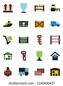 Color and black flat icon set - sea shipping vector, cargo container, car delivery, port, consolidated, fragile, warehouse storage, up side sign, no hook, package, rack, railroad