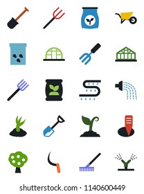 Color and black flat icon set - garden fork vector, shovel, farm, rake, wheelbarrow, watering, sproute, sickle, plant label, greenhouse, seeds, fertilizer, drip irrigation, fruit tree