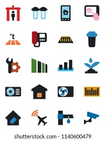 Color and black flat icon set - plane radar vector, security gate, drip irrigation, sorting, barcode, root setup, air conditioner, smart home, intercome, control app, water filter, warm floor