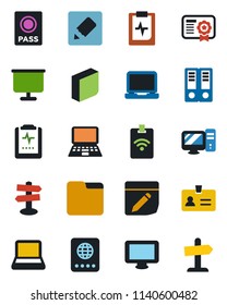 Color and black flat icon set - passport vector, identity, office binder, notebook pc, pulse clipboard, signpost, monitor, laptop, folder, notes, presentation board, blank box, pass card, guidepost