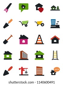 Color and black flat icon set - border cone vector, airport building, office, trowel, shovel, ladder, wheelbarrow, saw, house, with tree, sweet home, city, crane, message