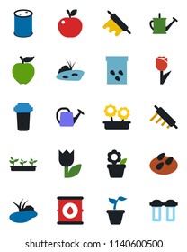 Color and black flat icon set - flower in pot vector, seedling, watering can, seeds, pond, tulip, oil barrel, rolling pin, apple fruit, water filter