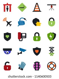 Color and black flat icon set - plane radar vector, security gate, smoking place, border cone, lock, glove, hose, heart shield, traffic light, protect, intercome, home, surveillance, sprinkler