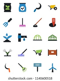 Color and black flat icon set - fence vector, garden fork, rake, wheelbarrow, hoe, sickle, plant label, greenhouse, fertilizer, drip irrigation, windmill