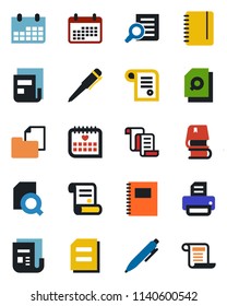 Color and black flat icon set - contract vector, document search, pen, notepad, calendar, printer, medical, folder, news, copybook, book