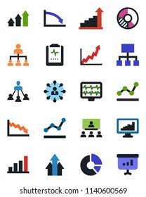 Color and black flat icon set - growth statistic vector, hierarchy, circle chart, monitor pulse, clipboard, statistics, bar graph, point, arrow up, crisis, presentation