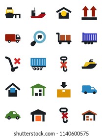 Color and black flat icon set - sea shipping vector, truck trailer, car delivery, port, cargo, warehouse storage, up side sign, no trolley, hook, package, search