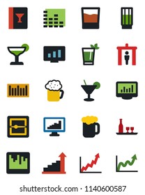Color and black flat icon set - security gate vector, growth statistic, monitor, barcode, equalizer, scanner, statistics, alcohol, wine card, drink, cocktail, phyto bar, beer, graph