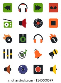 Color and black flat icon set - vinyl vector, flame disk, microphone, radio, speaker, settings, headphones, stop button, fast forward, rewind, bell, record, music, sound