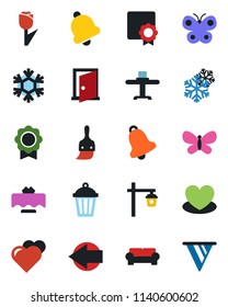 Color and black flat icon set - left arrow vector, butterfly, garden light, heart, tulip, themes, bell, sertificate, cushioned furniture, restaurant table, snowflake, door, pennon