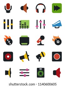Color and black flat icon set - flame disk vector, microphone, speaker, loudspeaker, settings, equalizer, headphones, fast forward, rec button, hdmi, tuning, record, sound