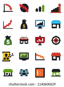Color and black flat icon set - shop vector, checkroom, growth statistic, money bag, crisis graph, store, monitor statistics, hr, target, arrow up, presentation, storefront