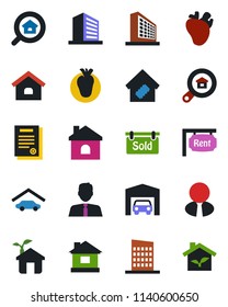 Color and black flat icon set - office building vector, house, real heart, contract, garage, rent, sold signboard, estate search, agent, smart home, city, eco