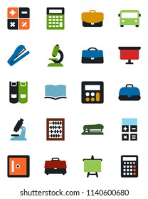 Color and black flat icon set - airport bus vector, checkroom, book, calculator, abacus, presentation board, microscope, case, stapler