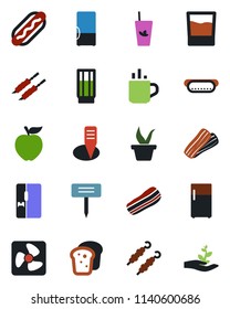Color and black flat icon set - hot cup vector, seedling, plant label, fridge, drink,  bacon, bread, kebab, dog, apple fruit, fan, palm sprout