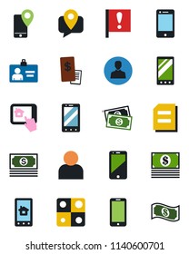 Color and black flat icon set - mobile phone vector, identity card, document, important flag, cash, tracking, cell, user, application, restaurant receipt, home control app