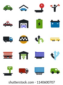 Color and black flat icon set - dispatcher vector, taxi, airport bus, alarm car, route, railroad, truck trailer, delivery, heavy scales, garage, gate control, battery