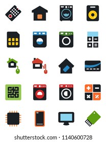 Color and black flat icon set - washer vector, calculator, monitor, speaker, phone back, sim, smart home, credit card, control, chip, remote, usb flash