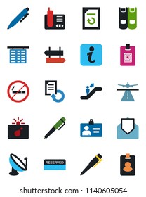 Color and black flat icon set - runway vector, escalator, no smoking, signpost, bomb in case, flight table, identity card, book, pen, document reload, satellite antenna, radio phone, mail, reserved