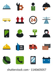 Color and black flat icon set - runway vector, airport bus, 24 around, mobile phone, ambulance car, office, support, cargo container, up side sign, heavy scales, cell, call, root setup, waiter, dish