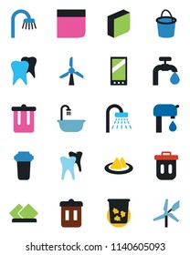 Color and black flat icon set - trash bin vector, shower, bucket, tooth, mobile, blank box, water supply, bathroom, serviette, filter, windmill