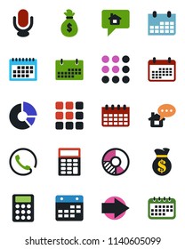 Color and black flat icon set - right arrow vector, calendar, circle chart, microphone, menu, calculator, phone, home message, money bag