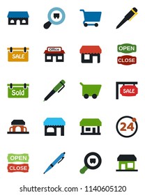 Color and black flat icon set - 24 around vector, shop, pen, store, search cargo, sale, sold signboard, cafe building, open close, cart, storefront