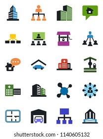 Color and black flat icon set - hierarchy vector, well, molecule, hospital, office building, garage, plan, home message