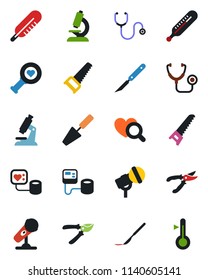 Color and black flat icon set - trowel vector, pruner, saw, stethoscope, blood pressure, thermometer, heart diagnostic, microscope, scalpel, microphone