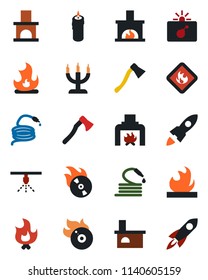 Color and black flat icon set - bomb in case vector, fire, hose, axe, fireplace, flammable, flame disk, candle, sprinkler, rocket