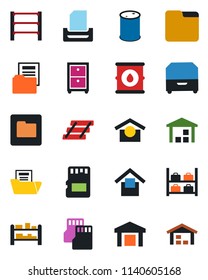 Color and black flat icon set - luggage storage vector, warehouse, oil barrel, rack, sd, folder, document, paper tray, archive box