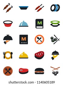 Color and black flat icon set - spoon and fork vector, dish, cafe, menu, plates, waiter, steak, kebab, hamburger, bowl, sushi