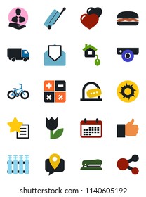 Color and black flat icon set - suitcase vector, ticket office, calculator, sun, bike, client, mobile tracking, car delivery, tulip, finger up, favorites list, heart, mail, stapler, hamburger