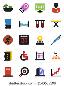Color and black flat icon set - office building vector, statistic monitor, picnic table, blood test vial, run, disabled, doctor, calendar, abacus, checklist, pen, sun panel, estate search, bedroom