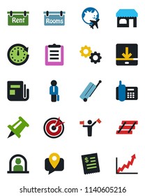 Color and black flat icon set - dispatcher vector, suitcase, reception, shop, plane globe, drawing pin, office phone, mobile tracking, clipboard, news, download, paper tray, manager, rent, rooms