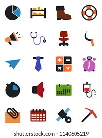 Color and black flat icon set - alarm clock vector, office chair, calculator, calendar, boot, sickle, stethoscope, dropper, satellite, rack, stopwatch, paper clip, pie graph, sound, plane, tie