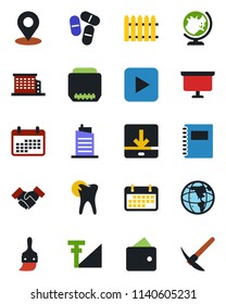 Color and black flat icon set - globe vector, presentation board, fence, pills, caries, term, play button, hdmi, themes, download, place tag, cellular signal, copybook, handshake, office building